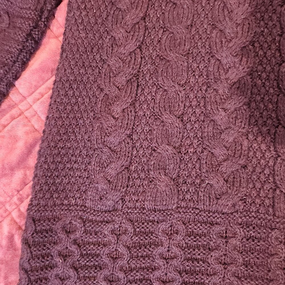 Hooded Cardigan Aran Crafts Wine Cable Knit Merino Wool 2way Zip Sweater S - Picture 8 of 11